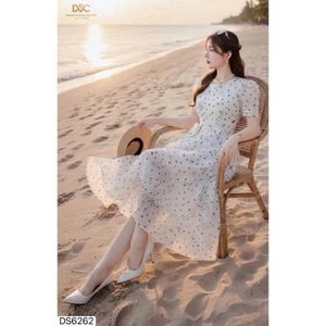 Đầm thời trang nữ chất Voan in họa tiết cổ tròn tay ngắn phồng thiết kế váy maxi xòe phong cách nhẹ nhàng kèm lót
