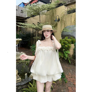 Đầm Tiểu Thư Bánh Bèo 2 Dây Cột Nơ Vai, Váy Tơ Kim Xòe Phồng Có Quần Lót, Đính Hoa Ngực Sang Chảnh Shop Uyên Fashi