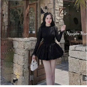 Đầm Thời Trang Nữ Chất Thun Ren Co Giãn, Tay Dài, Váy Xoè Tùng Bí Phồng Mini Shop Uyên Fashion