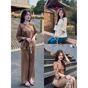 Set bộ lam thời trang nữ chất áo gấm tay lỡ cổ tròn đính nút tạo điểm nhấn phối quần tuyết nhung dài ống rộng Shop
