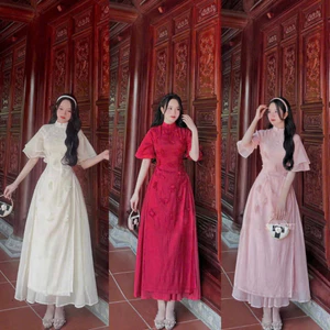 Sét áo dài cách tân thiết kế xinh iu áo dài tơ cổ trụ tay loe tơ hoa nổi phối 2 tà mix quần suông tuyết nhung cùng