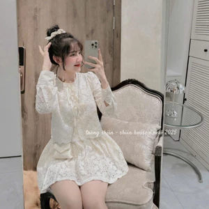 Set váy tiểu thư chất ren cao cấp áo cổ tròn tay dài chân váy ngắn xoè có lót quần kính đáo dày dặn Shop Uyên Fash