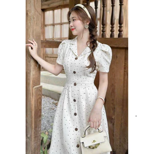 Đầm thời trang nữ chất xốp in hoa cổ sơ mi đính nút tay ngắn váu xoè bút chì thiết kế xinh xắn mặc đi chơi, đi tiệ