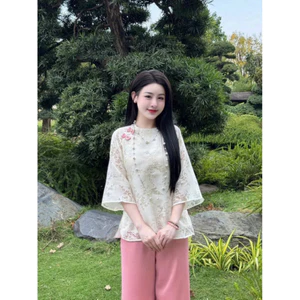 Set Xinh Cho Nàng Áo Voan Tay Lỡ Cổ Tròn - Họa Tiết Hoa, Kết Hợp Quần Tuyết Nhung, Ống Rộng Shop Uyên Fashion