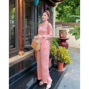 Set Đồ Lam Nữ Đi Chùa Thời Trang Thiết Kế Chất Gấm Cao Cấp Cổ Trụ Tay Dài Áo Xẻ Tà In Họa Tiết Quần Dài Dịu Dàng Q