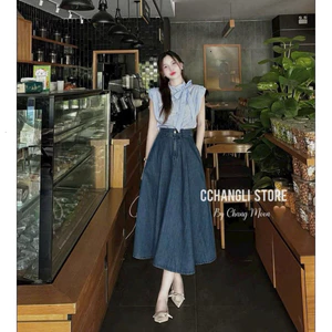 Set váy maxi chất áo lụa sọc cổ tròn cột nơ không tay mix chân váy jeans cứng phong cách nữ tính dịu dàng QC🌹🌹 �