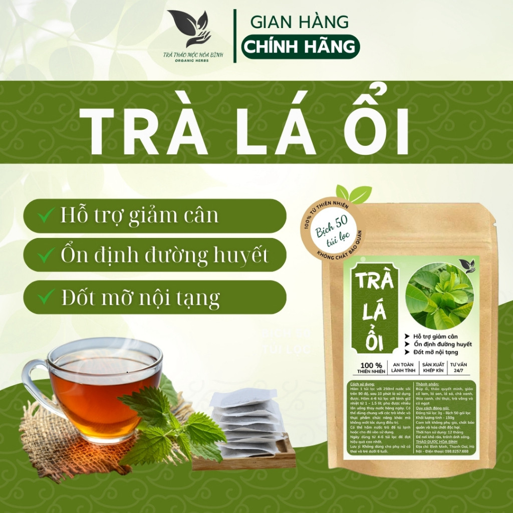 Hòa Bình Organic - Trà Túi Lọc Lá Ổi, Thanh Nhiệt, Thải mỡ bụng, Giảm mỡ máu, Ổn định đường huyết. Bịch 50 lọc.