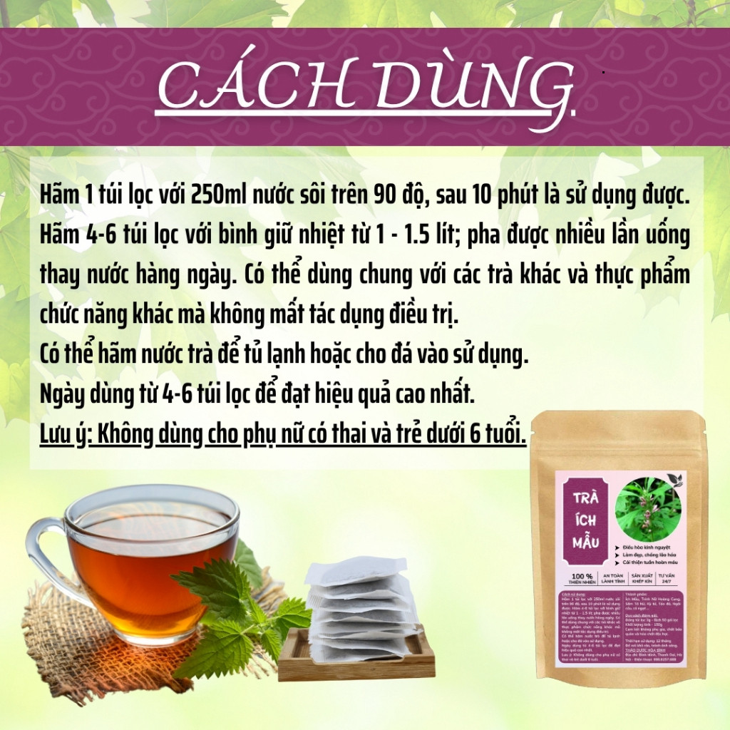Hòa Bình Organic - Trà Túi Lọc Ích Mẫu, Ngải Cứu, Điều hòa nội tiết tố, điều trị rối loạn kinh nguyệt, chống lão hóa,