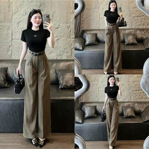 Sét đồ bộ nữ áo thun tay ngắn mix quần dài ống rộng kèm nịt với tone màu trầm diện đi làm, đi chơi sang chảnh , lịch sự.