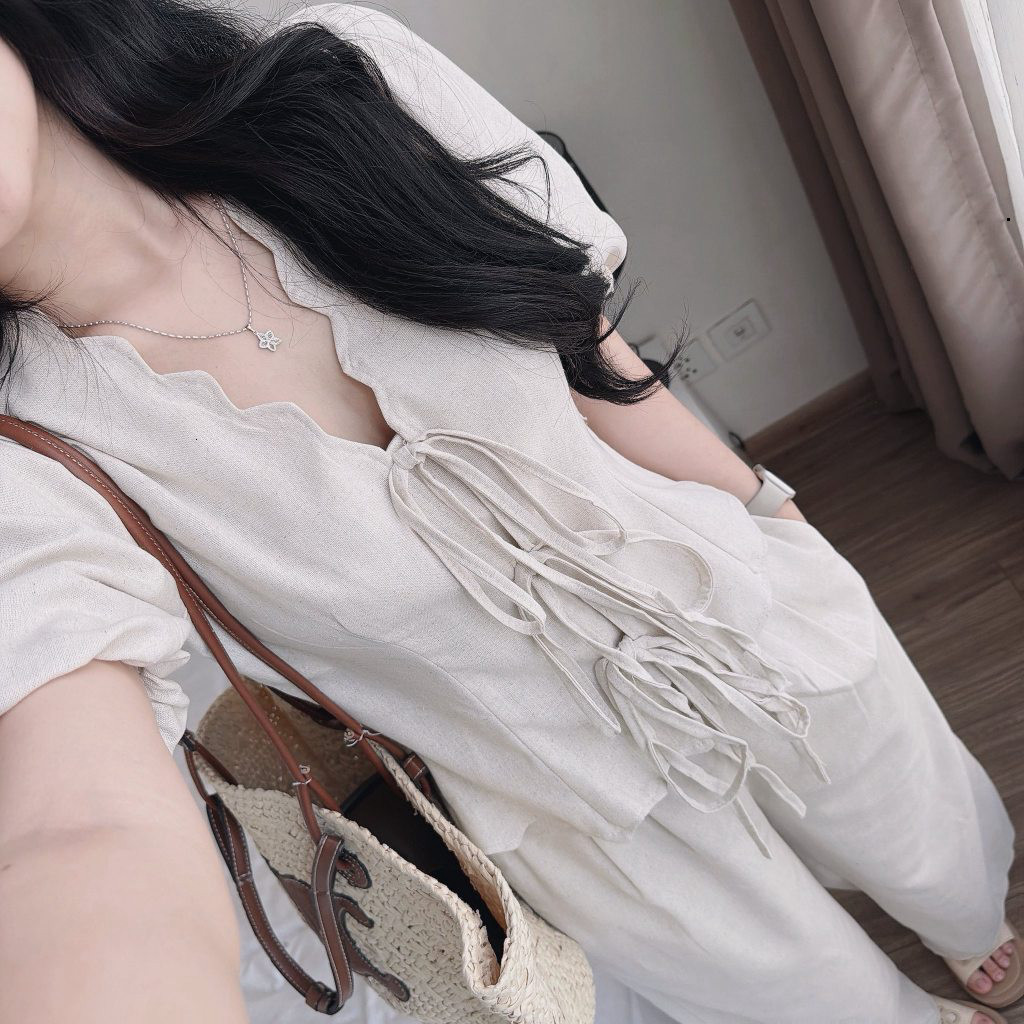 Set Bộ Nữ Áo Kiểu Dây Rút Thắt Nơ Phối Quần Suông Ống Rộng - Đồ Bộ Nữ Đi Biển Nàng Thơ Xinh Xắn