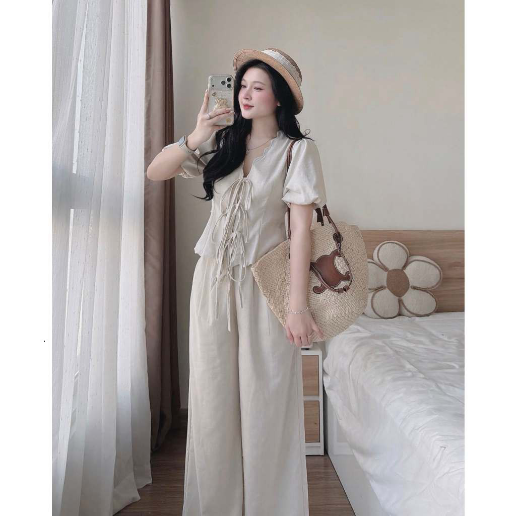 Set Bộ Nữ Áo Kiểu Dây Rút Thắt Nơ Phối Quần Suông Ống Rộng - Đồ Bộ Nữ Đi Biển Nàng Thơ Xinh Xắn