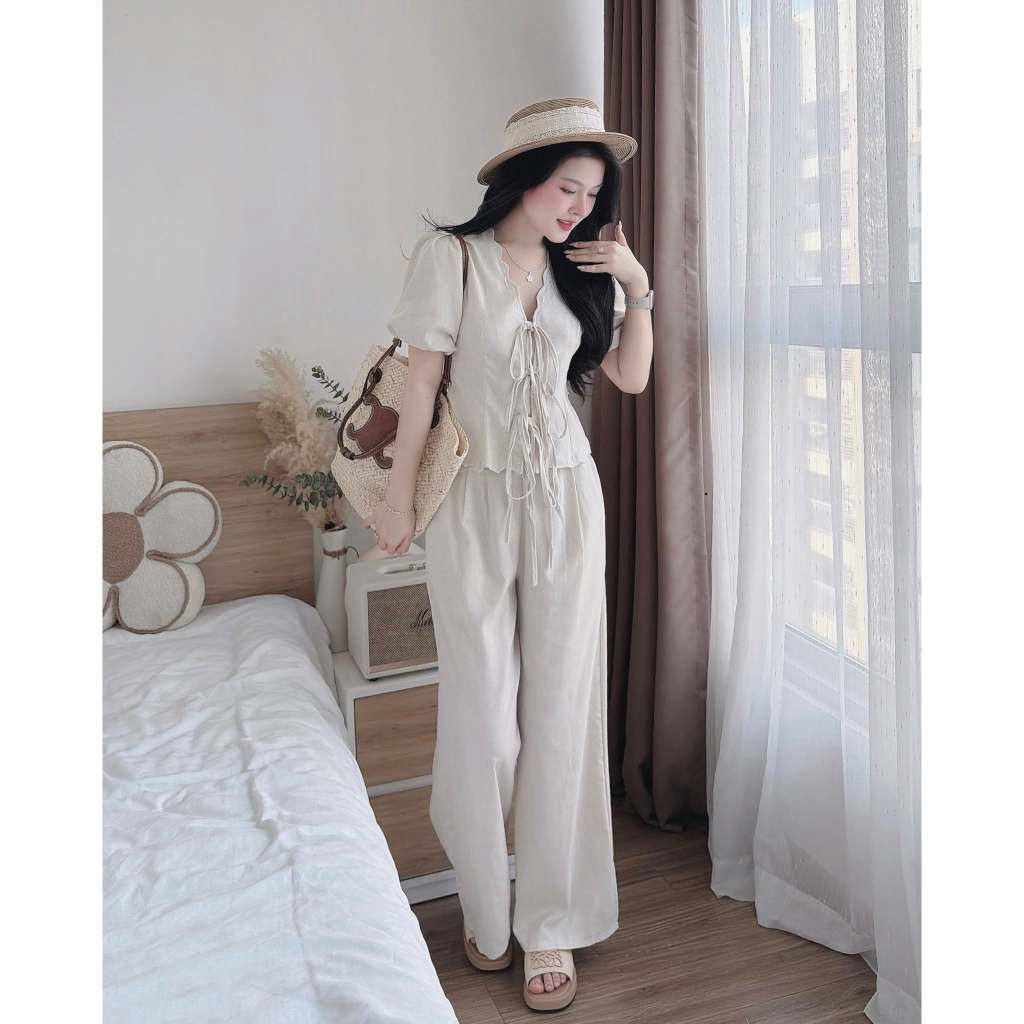 Set Bộ Nữ Áo Kiểu Dây Rút Thắt Nơ Phối Quần Suông Ống Rộng - Đồ Bộ Nữ Đi Biển Nàng Thơ Xinh Xắn