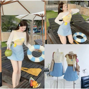 Đầm váy hoa đi biển - Sét váy 3 món,áo bra 2 dây kèm bông phối áo thun giấy lệch vai kèm chân váy a ngắn sọc xanh có lót