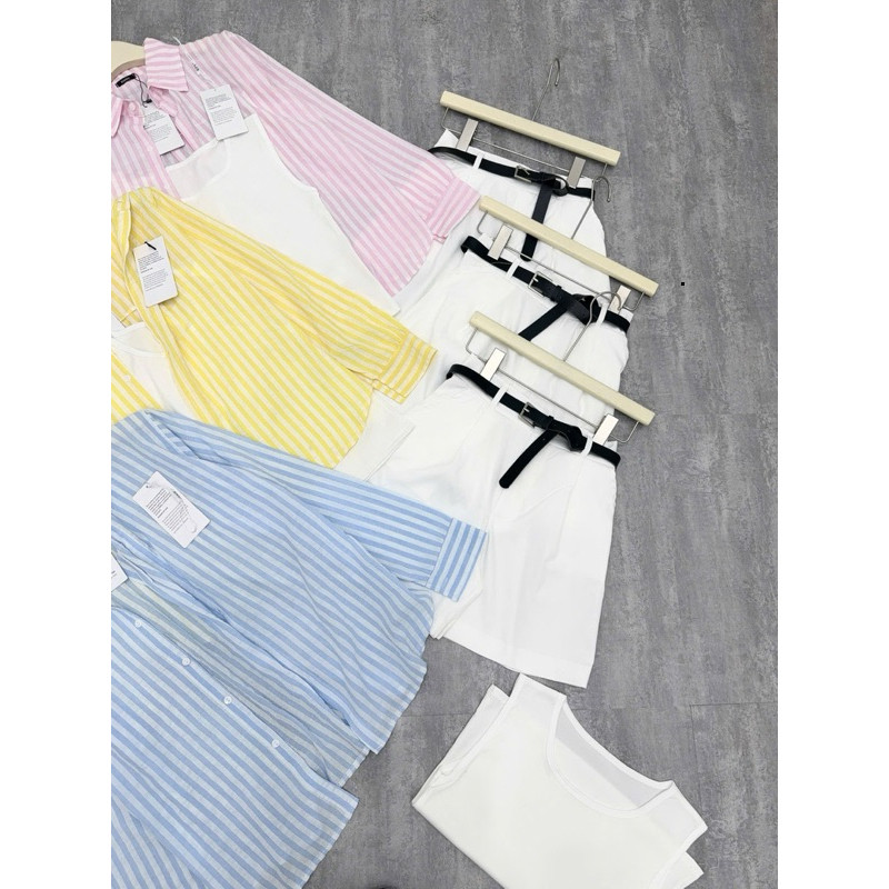 Set bộ 3 món: Áo khoác sơmi sọc caro xốp + Áo thun tăm + Quần short kèm dây nịt