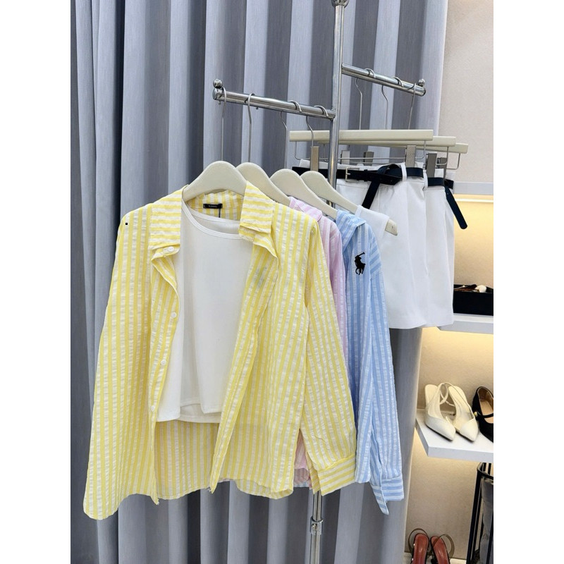 Set bộ 3 món: Áo khoác sơmi sọc caro xốp + Áo thun tăm + Quần short kèm dây nịt