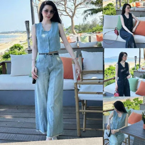 Set đồ Jeans nữ thời trang mùa hè áo sát nách phối quần bò suông dài jean QC tặng kèm nịt