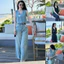 Set đồ Jeans nữ thời trang mùa hè áo sát nách phối quần bò suông dài jean QC tặng kèm nịt