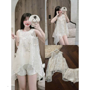 Set bộ thời trang nữ thiết kế nhỏ nhắn đáng yêu chất Xô Tơ áo cổ tròn không tay hoạ tiết nơ xinh xắn mix quần short