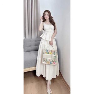 Set bộ thời trang nữ mặc đi chơi sang chảnh chất lụa tuyết cổ dây không tay có mút váy lưng thun dáng chữ A dài maxi