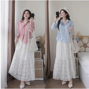 Set váy dài - Set váy nữ đi biển xinh, set áo sơ mi lụa chéo tay dài phối chân váy xòe ren dáng dài có lót dễ thương