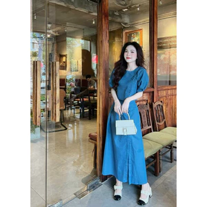 Đầm jean dài - Set váy nữ jean giấy áo coptop cúc bọc tay bồng phối chân váy xuông dài chữ A xẻ tà nhẹ thah lịch đi làm