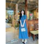 Đầm jean dài - Set váy nữ jean giấy áo coptop cúc bọc tay bồng phối chân váy xuông dài chữ A xẻ tà nhẹ thah lịch đi làm