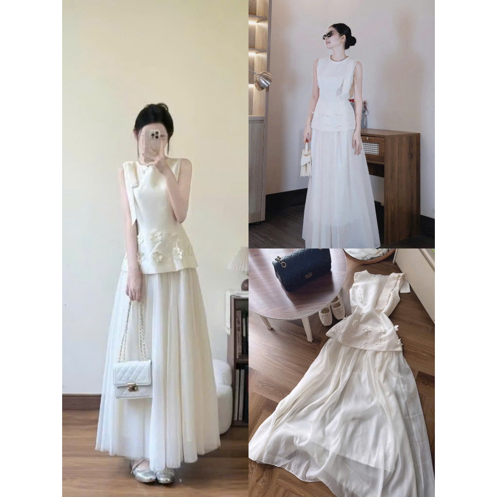 Set váy thời trang Nữ xu hướng mới áo tapta sát nách đính bông tỉ mỉ mix váy tơ dáng dài xòe lưng chun co giãn