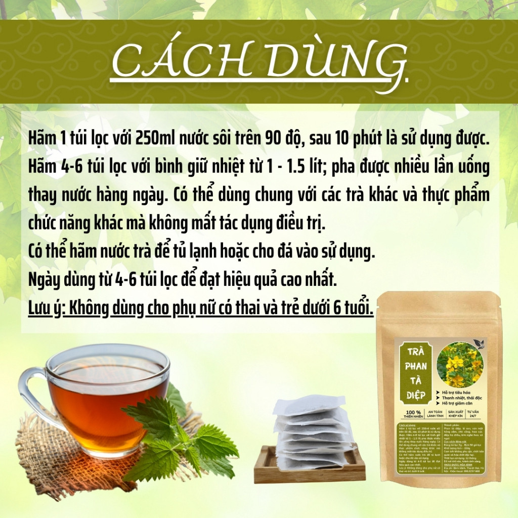 Hòa Bình Organic - Trà Phan Tà Diệp, Hỗ trợ tiêu hóa, thanh nhiệt, giảm cân. Bịch 30.50.100 túi lọc