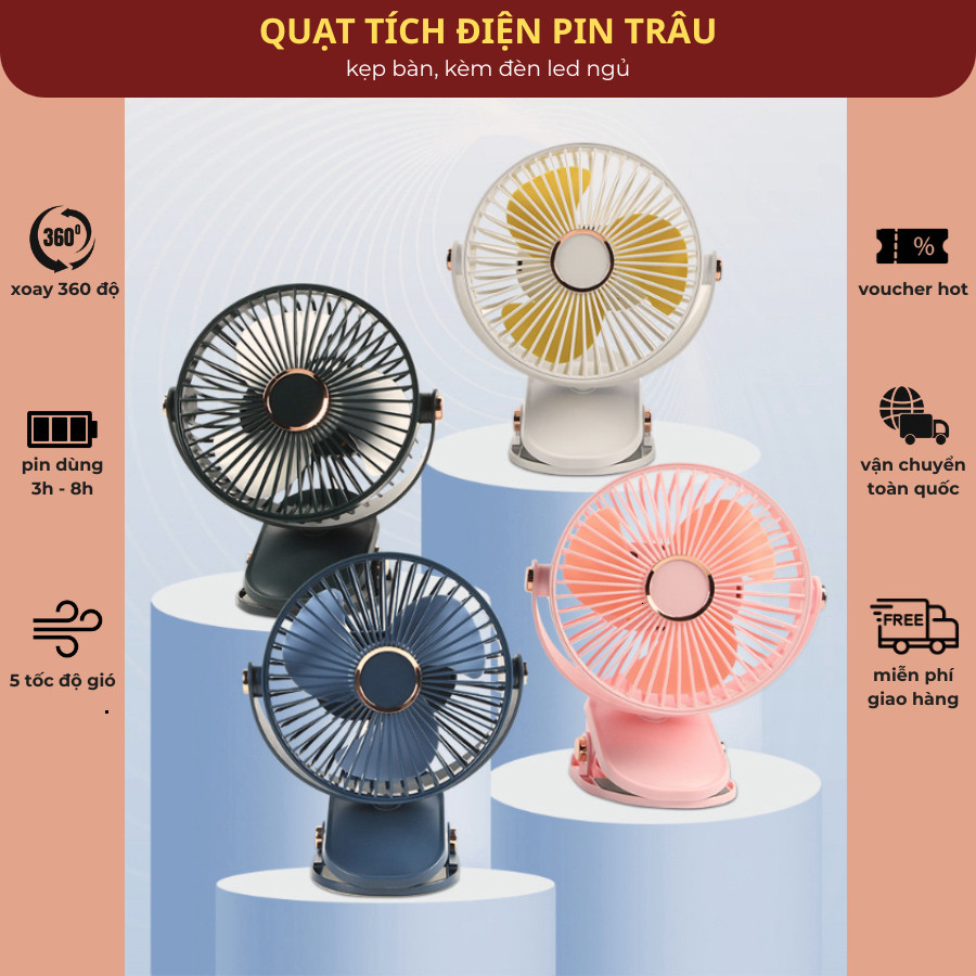 Quạt Tích Điện Kẹp Bàn Pin Trâu Xoay 360, Có Đèn, Kèm Dây Sạc, Quạt Mini Đa Năng - 365MART special