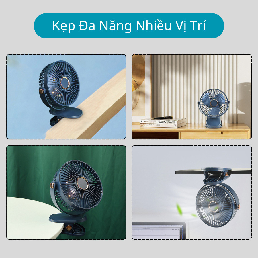 Quạt Tích Điện Kẹp Bàn Pin Trâu Xoay 360, Có Đèn, Kèm Dây Sạc, Quạt Mini Đa Năng - 365MART special
