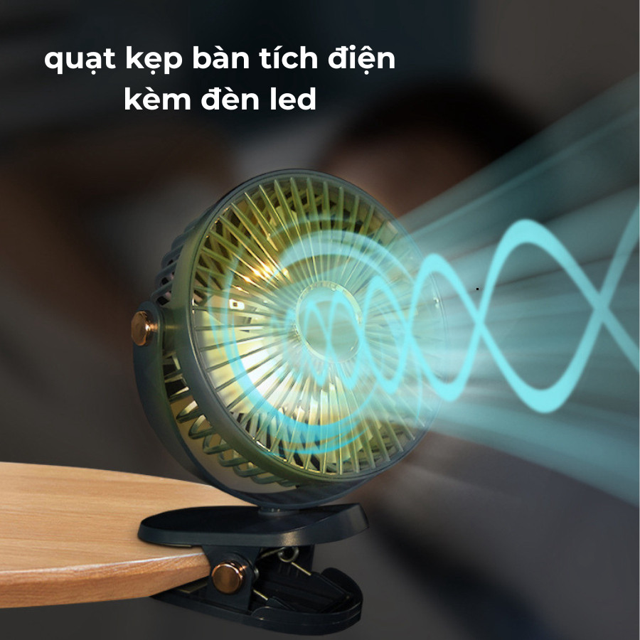 Quạt Tích Điện Kẹp Bàn Pin Trâu Xoay 360, Có Đèn, Kèm Dây Sạc, Quạt Mini Đa Năng - 365MART special