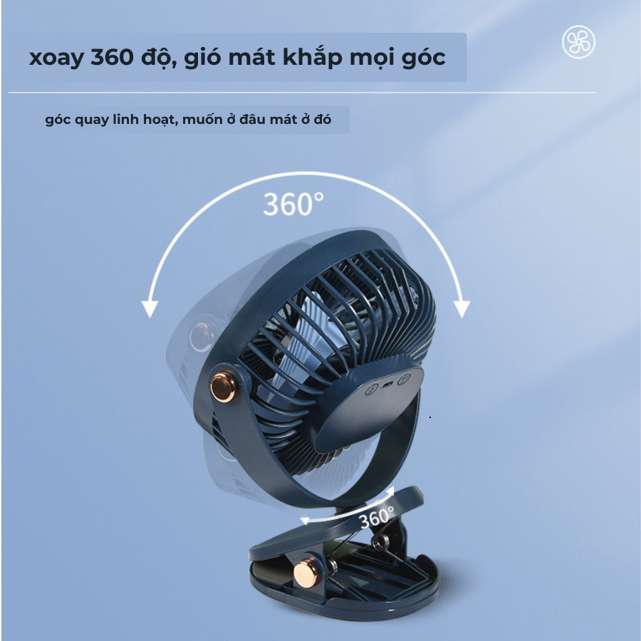 Quạt Tích Điện Kẹp Bàn Pin Trâu Xoay 360, Có Đèn, Kèm Dây Sạc, Quạt Mini Đa Năng - 365MART special