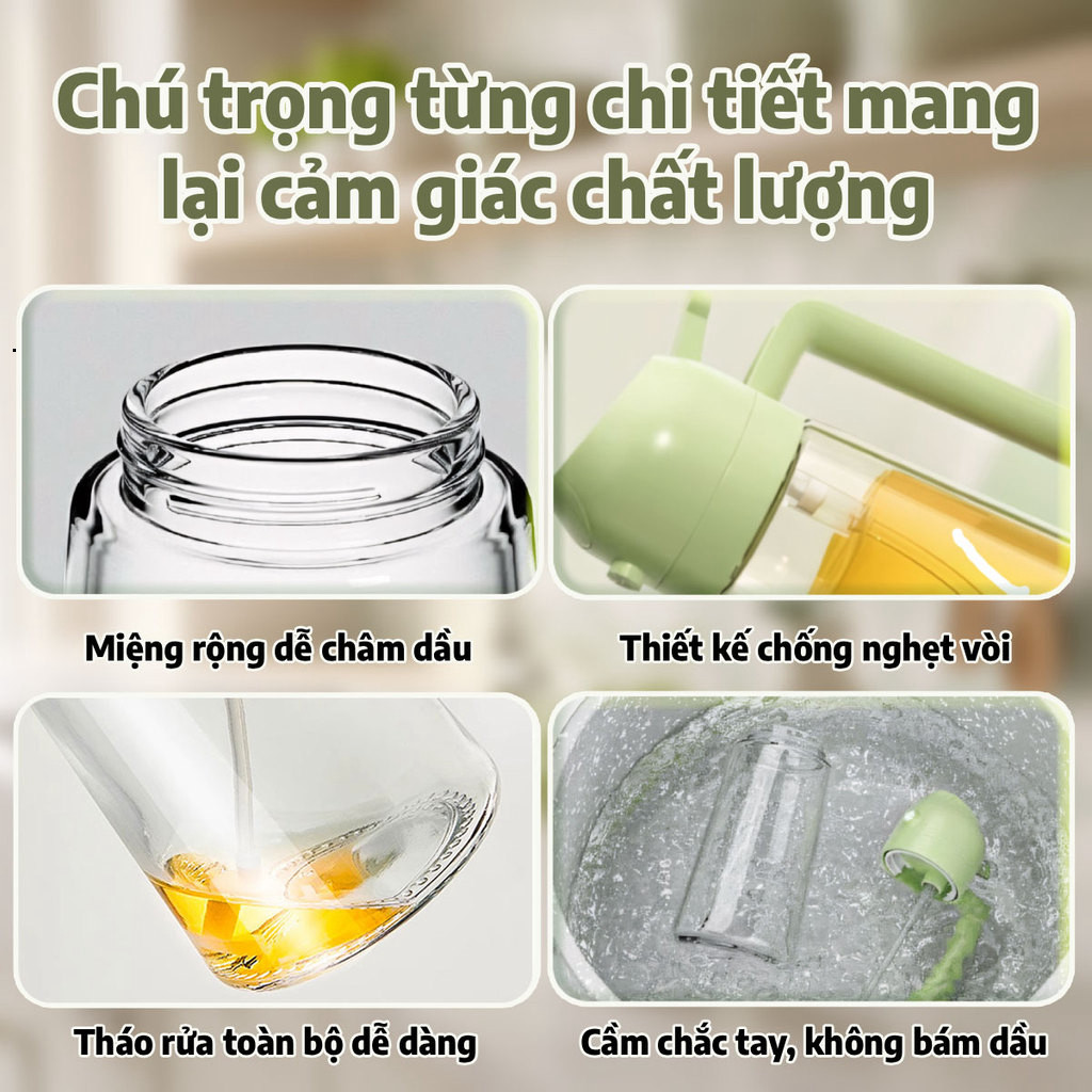 Bình Xịt Dầu Ăn, Chai Đựng Dầu Ăn 470ML, 2 Chức Năng (Rót & Xịt) Tích Hợp Thủy Tinh, Có Quai Cầm, Kín, Chống Rò Rỉ nhiii
