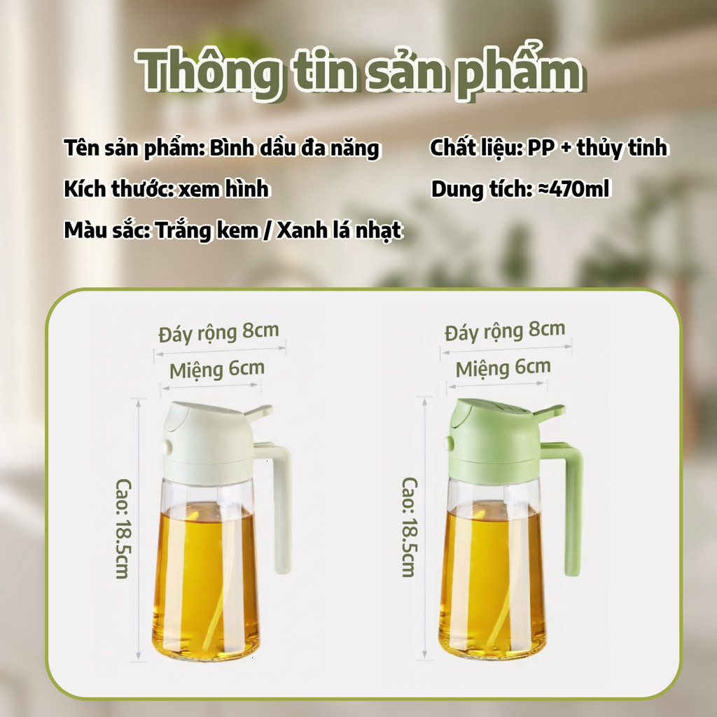 Bình Xịt Dầu Ăn, Chai Đựng Dầu Ăn 470ML, 2 Chức Năng (Rót & Xịt) Tích Hợp Thủy Tinh, Có Quai Cầm, Kín, Chống Rò Rỉ nhiii