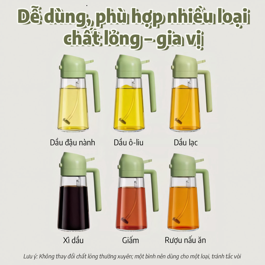 Bình Xịt Dầu Ăn, Chai Đựng Dầu Ăn 470ML, 2 Chức Năng (Rót & Xịt) Tích Hợp Thủy Tinh, Có Quai Cầm, Kín, Chống Rò Rỉ nhiii