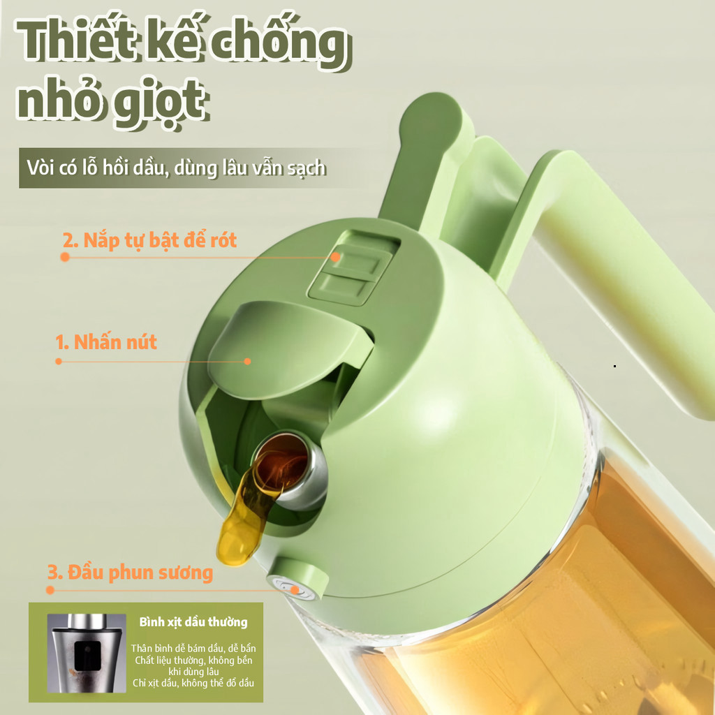 Bình Xịt Dầu Ăn, Chai Đựng Dầu Ăn 470ML, 2 Chức Năng (Rót & Xịt) Tích Hợp Thủy Tinh, Có Quai Cầm, Kín, Chống Rò Rỉ nhiii