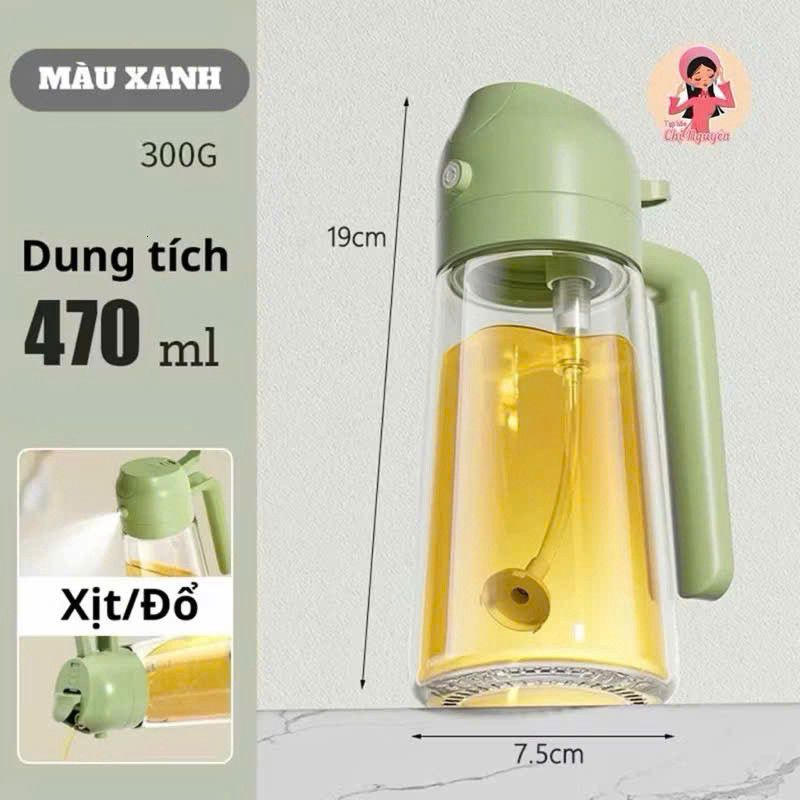 Bình Xịt Dầu Ăn, Chai Đựng Dầu Ăn 470ML, 2 Chức Năng (Rót & Xịt) Tích Hợp Thủy Tinh, Có Quai Cầm, Kín, Chống Rò Rỉ nhiii