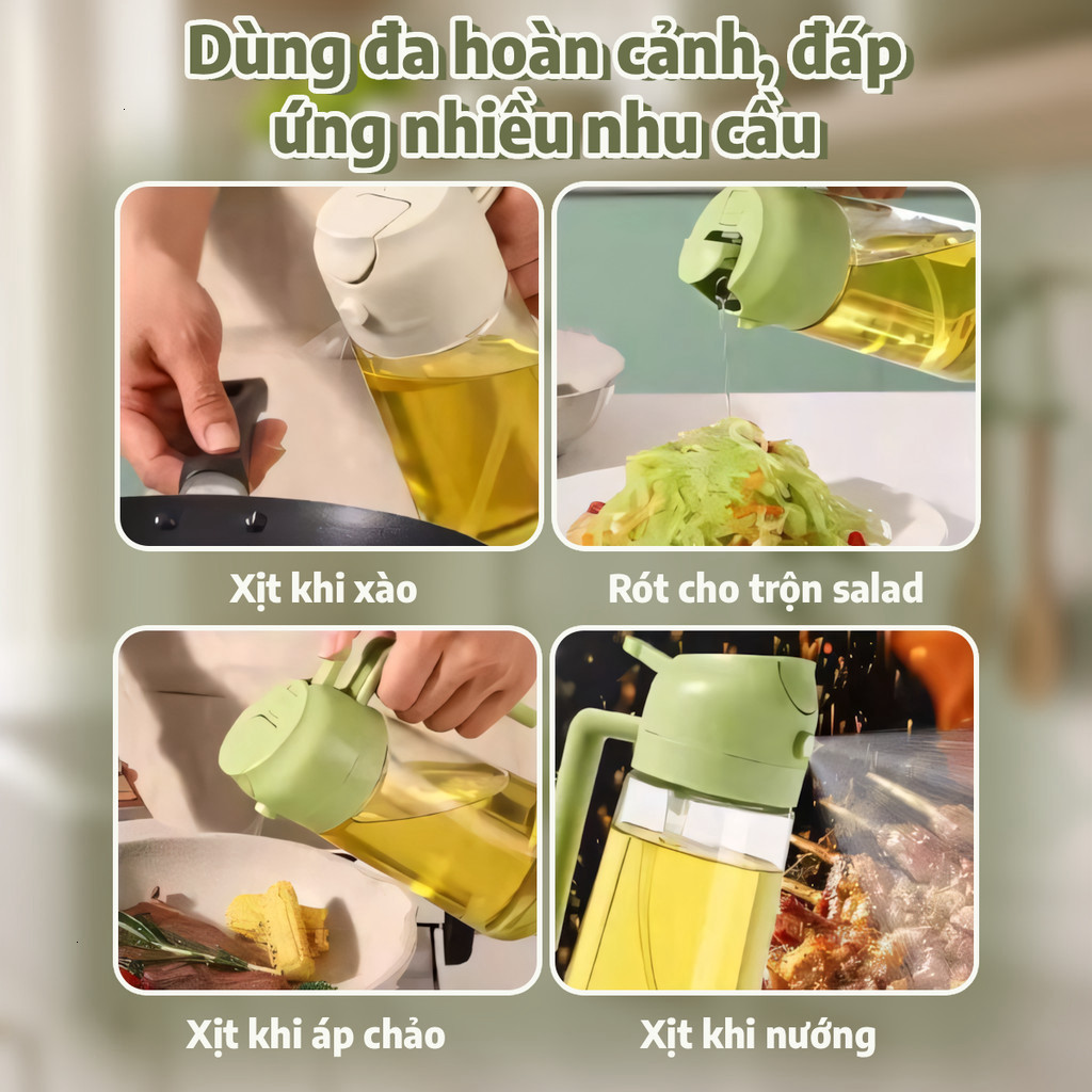 Bình Xịt Dầu Ăn, Chai Đựng Dầu Ăn 470ML, 2 Chức Năng (Rót & Xịt) Tích Hợp Thủy Tinh, Có Quai Cầm, Kín, Chống Rò Rỉ nhiii