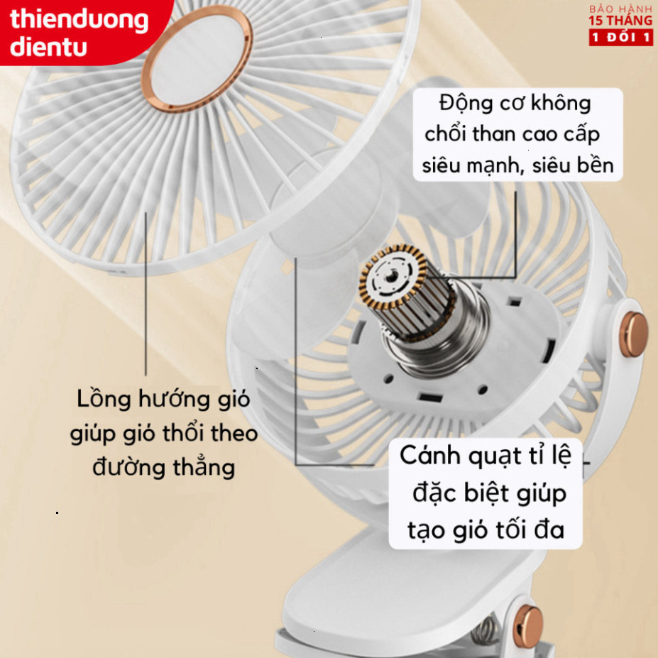 Quạt mini kẹp bàn tích điện 5 mức độ có đèn led pin 5000 MHA & 10000 MHA - HGHOME
