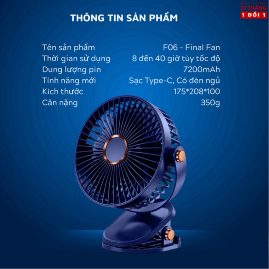 Quạt mini kẹp bàn tích điện 5 mức độ có đèn led pin 5000 MHA & 10000 MHA - HGHOME