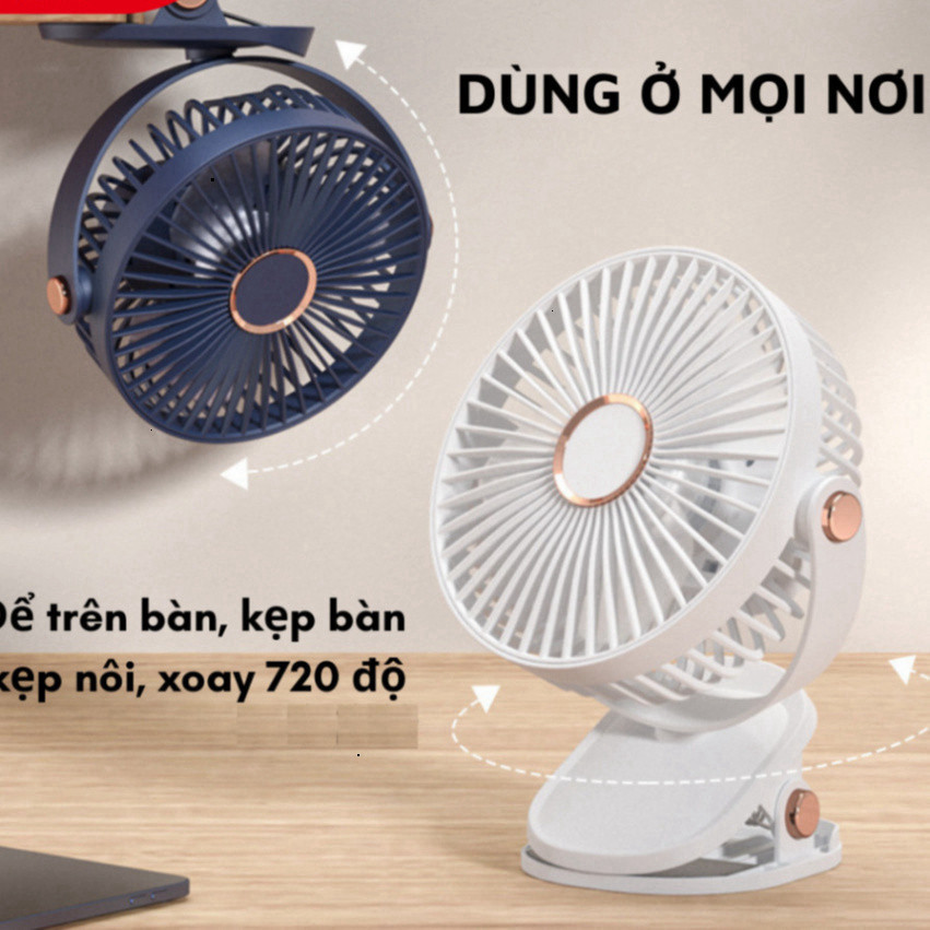 Quạt mini kẹp bàn tích điện 5 mức độ có đèn led pin 5000 MHA & 10000 MHA - HGHOME