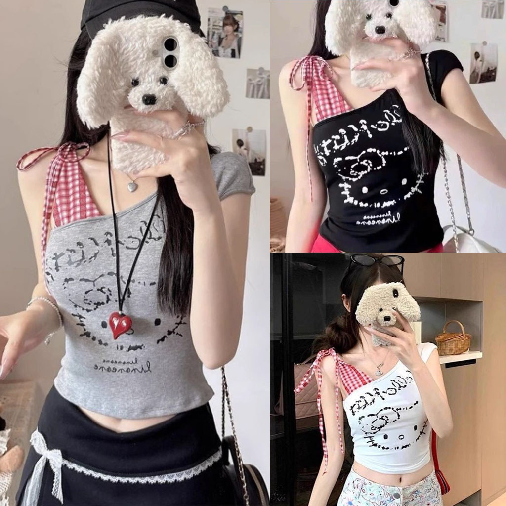 Áo Thun Babytee Trễ Vai in Kitty 3 Màu Đen-Xám-Trắng