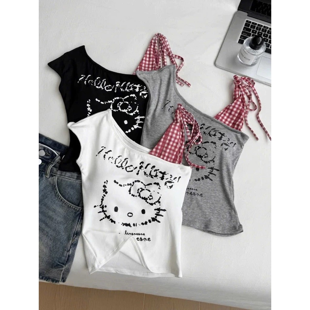 Áo Thun Babytee Trễ Vai in Kitty 3 Màu Đen-Xám-Trắng