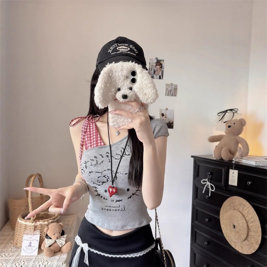 Áo Thun Croptop Dây Buộc Vai Caro Đỏ Trễ Vai In Mèo Kitty Dễ Thương 100% Chất Cotton Mềm Mịn Co Dãn