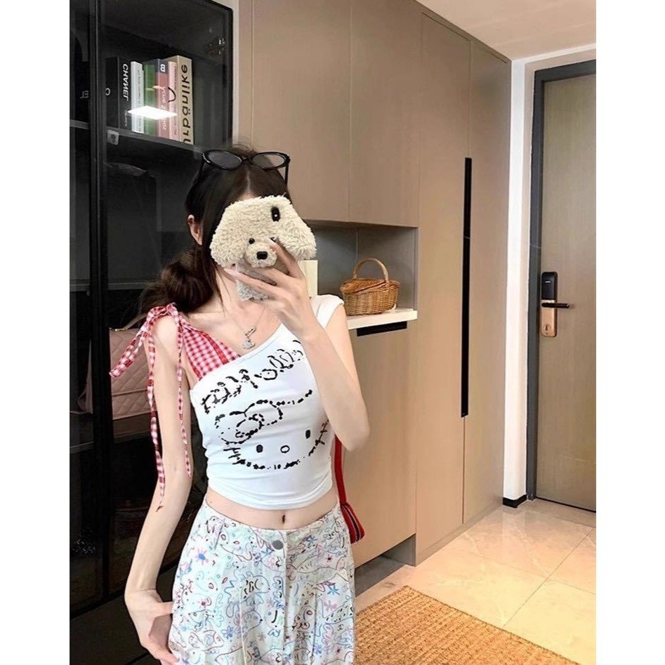 Áo Thun Babytee Trễ Vai in Kitty 3 Màu Đen-Xám-Trắng