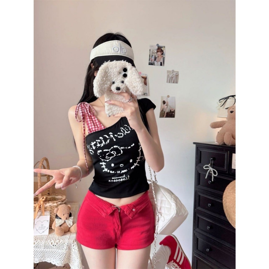 Áo Thun Babytee Trễ Vai in Kitty 3 Màu Đen-Xám-Trắng