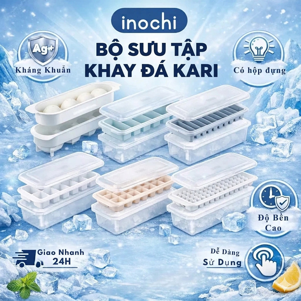 Khay làm đá -có kèm hộp đựng và nắp khử mùi, tủ lạnh đủ loại viên tròn kari inochi kháng khuẩn (Ag+)