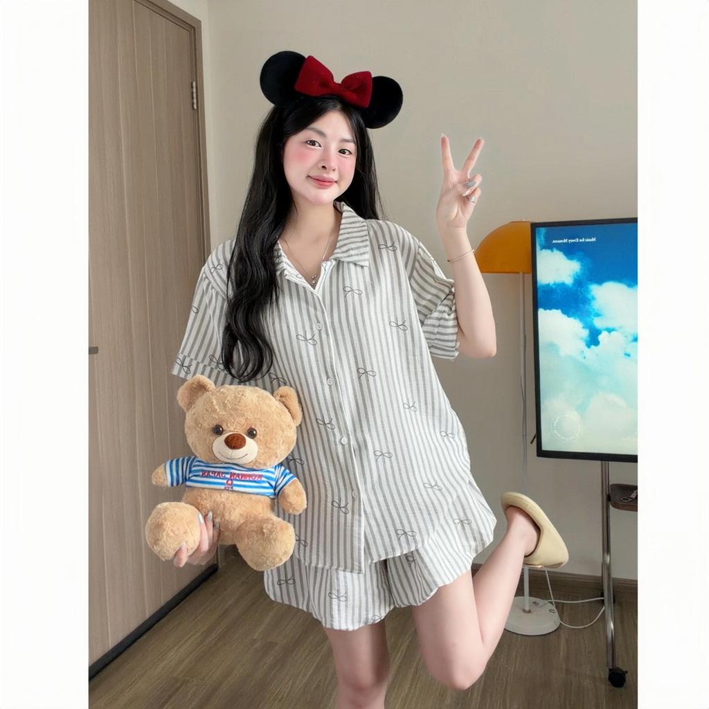 Kozoda Đồ Ngủ Cotton BN78 Họa Tiết Nơ Kẻ Sọc Quần Bí Dễ Thương Babydoll Form Rộng Ngắn Tay Size S & M Thoải Mái | BigBuy360 - bigbuy360.vn