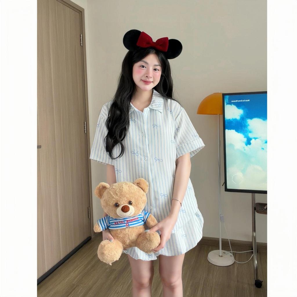 Kozoda Đồ Ngủ Cotton BN78 Họa Tiết Nơ Kẻ Sọc Quần Bí Dễ Thương Babydoll Form Rộng Ngắn Tay Size S & M Thoải Mái | BigBuy360 - bigbuy360.vn