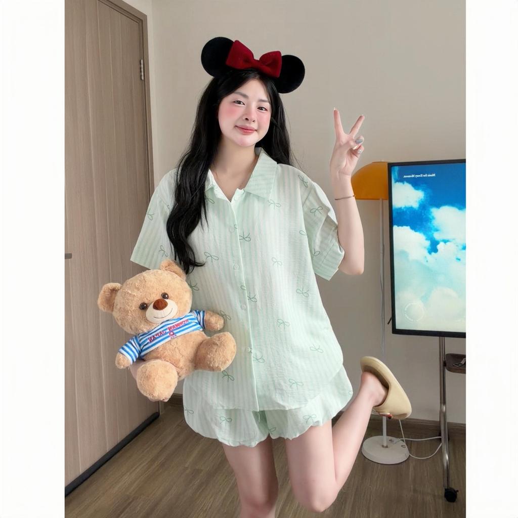 Kozoda Đồ Ngủ Cotton BN78 Họa Tiết Nơ Kẻ Sọc Quần Bí Dễ Thương Babydoll Form Rộng Ngắn Tay Size S & M Thoải Mái | BigBuy360 - bigbuy360.vn